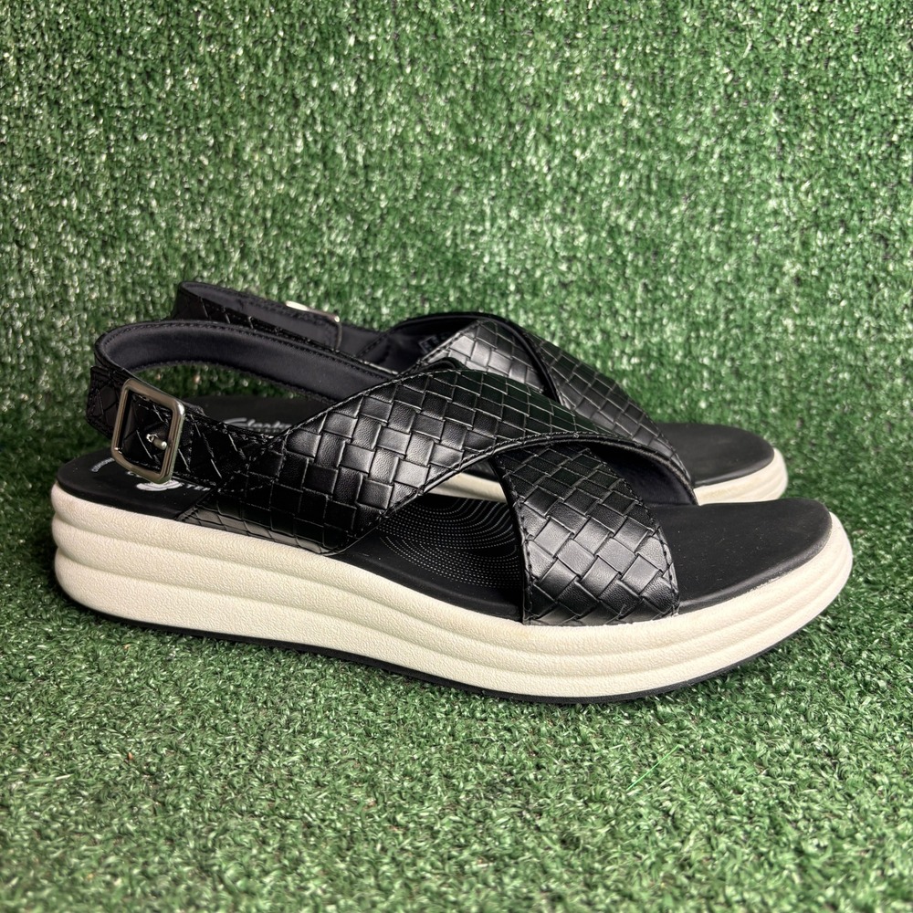 NEW Clarks Drift Sun Woven Slingback Platform Wedge Sandals Black Womens Size 11